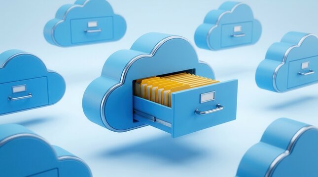 Digital cloud storage technology concept with organized data folders in blue drawers.
