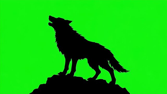 Silhouette Werewolf Howling Green Screen - A black silhouette of a werewolf stands on a rocky surface, howling at the sky against a bright green screen background.