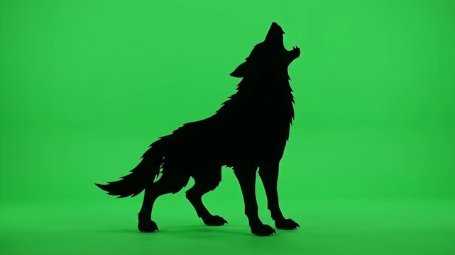 Silhouette Werewolf Howling on Green Screen Background - A black 2D silhouette of a werewolf stands on a green screen background, depicted mid-howl with its mouth open and teeth bared.