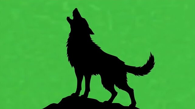 Silhouette Werewolf Howling on Green Screen Background - A black 2D silhouette of a werewolf stands on a rock, howling at the sky.