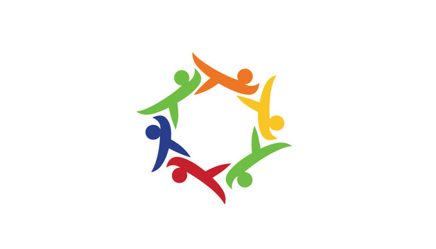 Teamwork and unity logo concept represented by a colorful circular loop of stylized human figures holding hands.