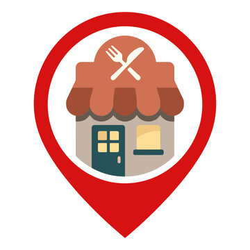 Bakery storefront integrated into a location pin featuring bread, fork and spoon symbols, designed for food maps, navigation, local bakery services, and restaurant location graphics.