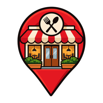 Restaurant location pin vector icon featuring a fork and spoon, designed for food maps, navigation, restaurant directories, and local dining graphics.
