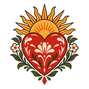 Heart with Flowers and Leaves Floral Vector Illustration, Romantic Love Symbol with Ornate Vintage Swirls for Valentine, Wedding, Greeting Card, Tattoo and Decorative Design