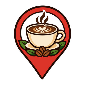Coffee cup integrated into a location pin with coffee beans and botanical leaves, designed for cafe maps, navigation interfaces, and coffee shop graphics.