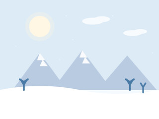 Obraz premium Flat vector illustration of winter landscape with snowy mountains, fir trees and falling snow