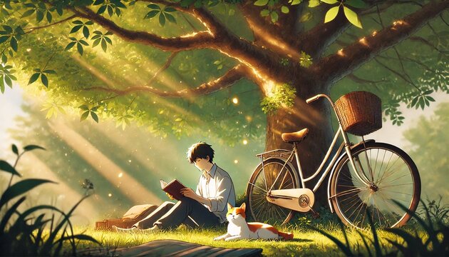 Peaceful Summer Day Reading a Book Under a Tree with a Bicycle and Cat