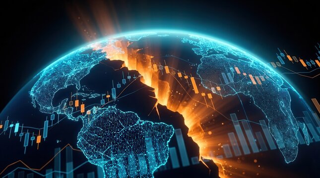 Economic impact visualization showing global trade disruptions and geopolitical tensions.