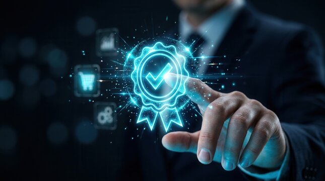 Digital technology concept showing a hand interacting with a glowing certificate symbol.