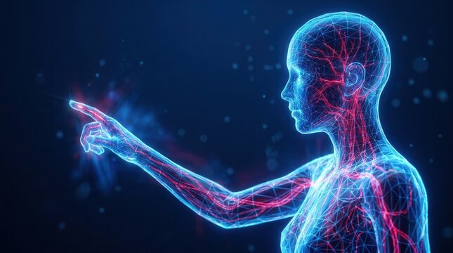 A futuristic cyborg human with an intricate network of glowing veins and digital connections.