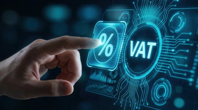 Concept of value-added tax through a modern digital interface and hand interaction.