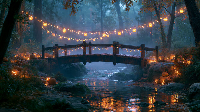 Magical wooden bridge crossing a misty forest river decorated with glowing string lights and warm glowing pumpkins during evening