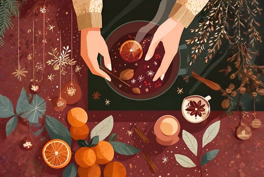 A woman's hands stir mulled wine in a black cauldron with orange slices and spices, surrounded by citrus fruits