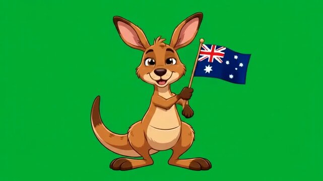 Kangaroo cartoon character holding a small Australia flag while smiling on green background for national holiday