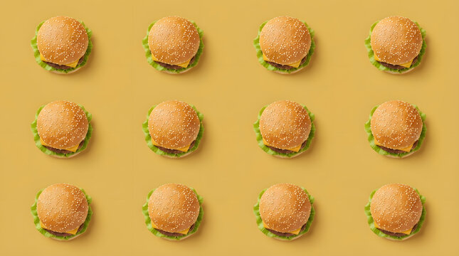 Top view pattern of delicious cheeseburgers with melted cheese and fresh lettuce on a solid yellow background for food menu designs