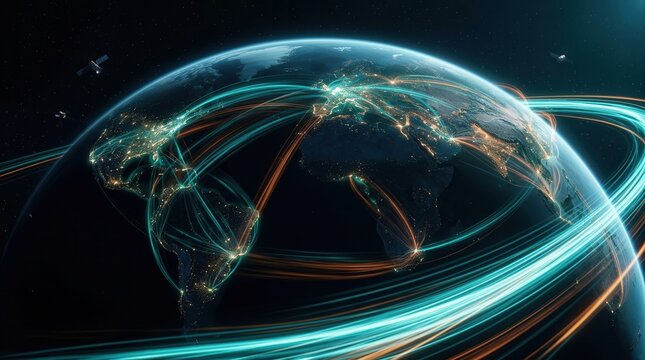 Finance concept featuring glowing highways and global investment pathways across Earth.