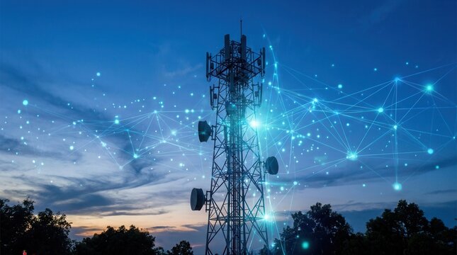 High-speed 5G and 4G mobile networks connecting mobile phones, tablets, and various IoT devices.