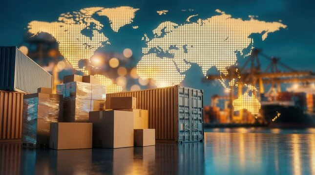 A close up of packaged goods highlighting export commerce and global theme with a world map.