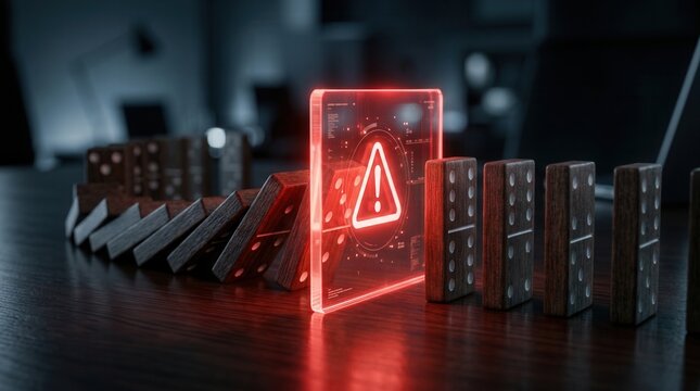 Cybersecurity crisis prevention concept with a red alert barrier halting falling wooden dominoes.