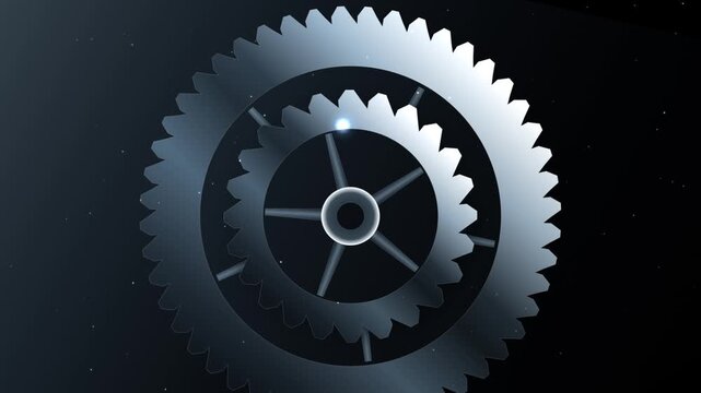 Abstract 3d rendering of metallic gears rotating in dark space with glowing light effect