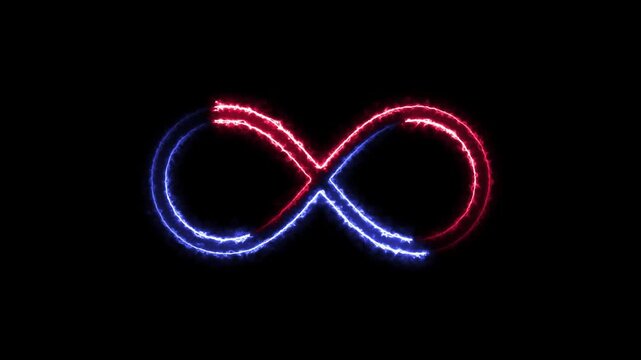 Glowing red and blue infinity symbol with electric energy on black background sign shape