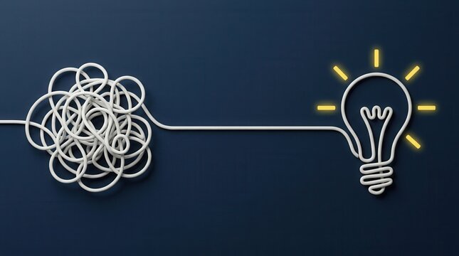 Creative business ideas concept with a white wire transitioning from a tangle into a glowing lightbulb.