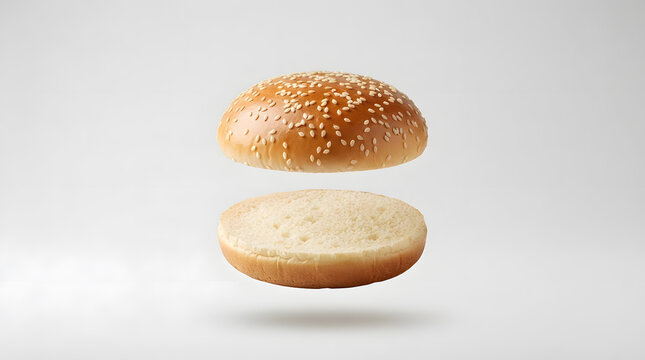 Slices of sesame burger bun floating in the air on a light gray background