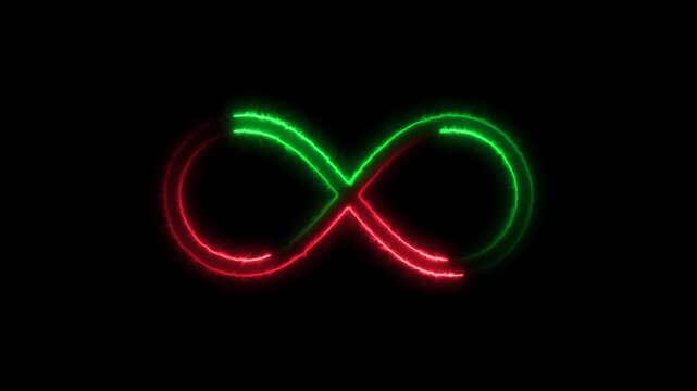 Neon green and red infinity symbol with electric energy on black background sign shape