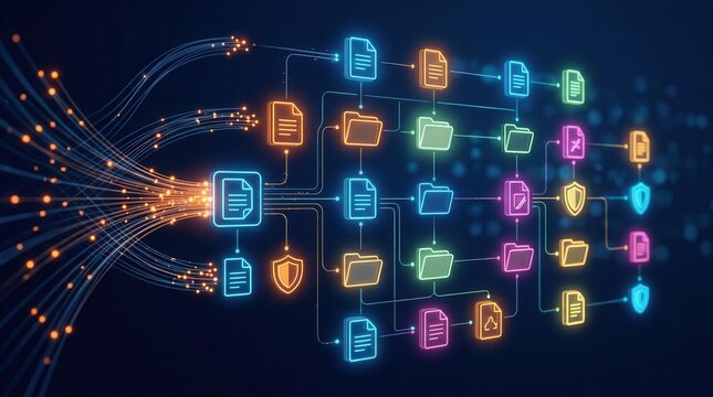 Abstract network mapping of a digital document management system for cloud data storage.
