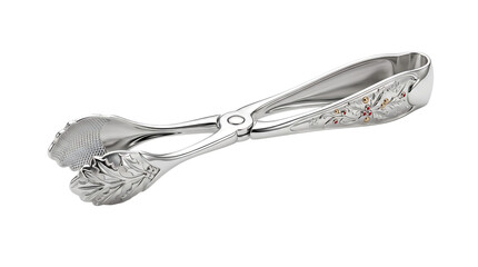 Fototapeta premium A pair of shiny stainless steel kitchen tongs isolated on a clean white background for culinary photography