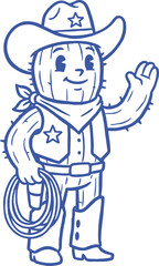Fototapeta premium Cowboy Cactus Character Hat Lasso Sheriff Outfit, hand drawn doodle illustration, vector