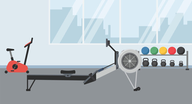 gym interior with rowing machine and exercise bike, rack filled with colorful medicine balls and kettlebells