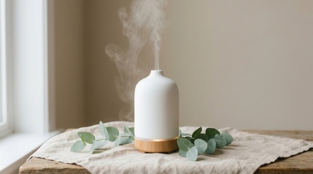White ceramic essential oil diffuser with eucalyptus branches on beige fabric in Minimalist spa setting featuring