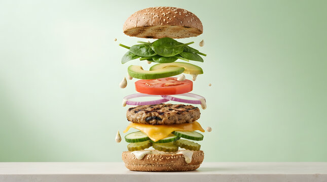 Fresh and healthy veggie burger with floating ingredients levitating in the air on green background
