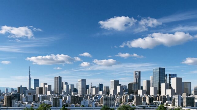 企業の経済レポート、大都市の未来構想、首都圏ビジネスのWebヘッダーに最適な、澄み渡る青空と白い積乱雲が広がる東京タワーと都市ビル群写真（文字入れ用余白・コピースペース付き）