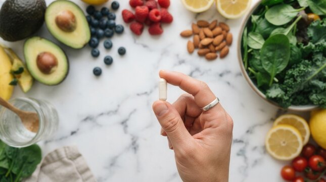 Woman holding herbal supplement capsule above superfood ingredients promoting natural nutrition, dietary over fresh