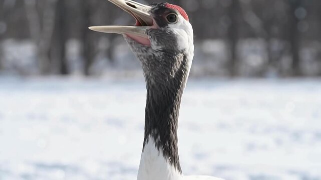 Red-crowned crane calling in snowy landscape close-up of wild bird with open beak representing winter wildlife and nature
