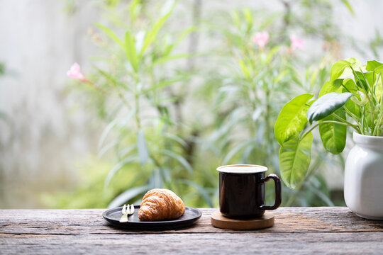 Coffee and Croissant grunge wooden table with philodendron plant pot