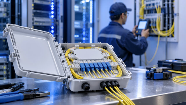Fiber Optic Distribution Box with Patch Cables and Technician Testing Server Rack Connections in Data Center