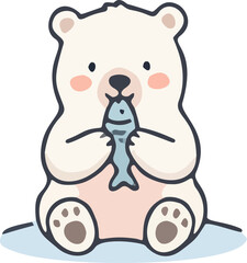 Fototapeta premium Cute Polar Bear Eating Fish Arctic Animal Hand Drawn Illustration
