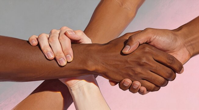 Diverse group of people joining hands together in a symbol of unity and cooperation.