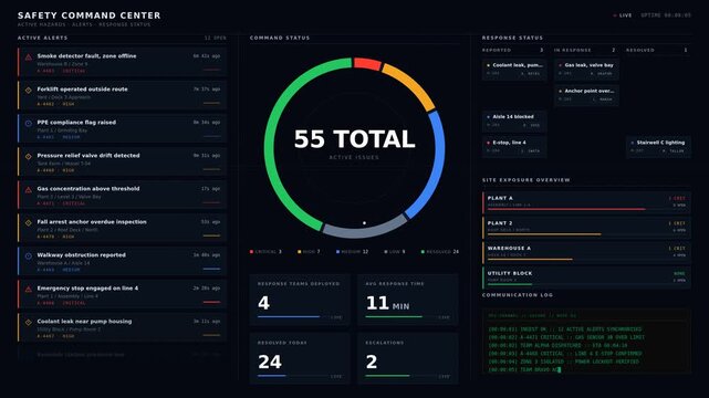 Explore a dark-mode safety command center user interface displaying active hazards, alerts, and response status with vibrant color-coded elements and smooth animations.