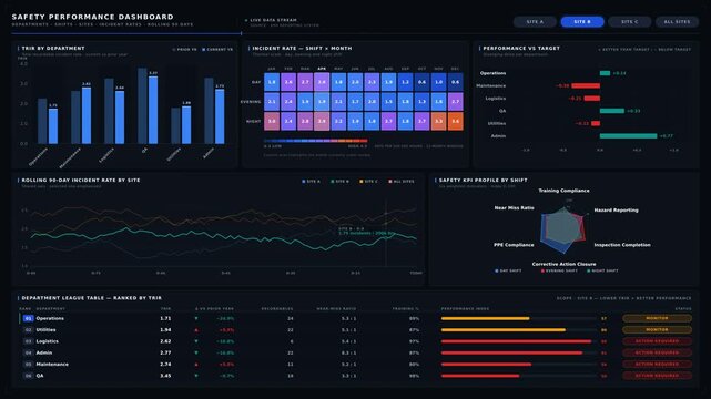 Explore a dark-mode safety performance dashboard featuring departments, shifts, sites, and incident rates with vibrant visualizations and a modern interface.