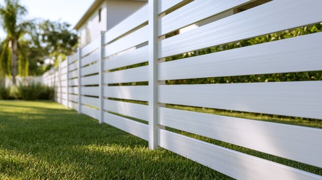 Clean white horizontal slat fence in sunny grassy backyard
