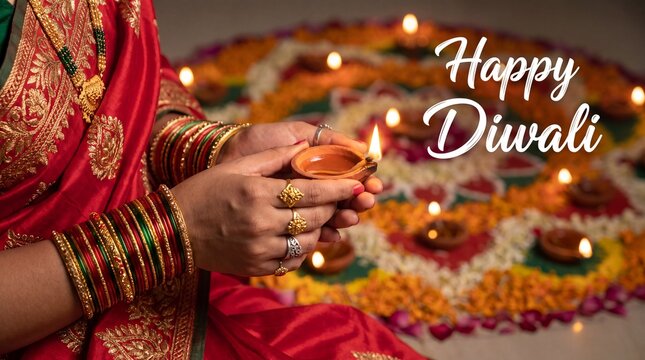Woman holding a lit diya oil lamp over a colorful rangoli pattern for the hindu festival of diwali