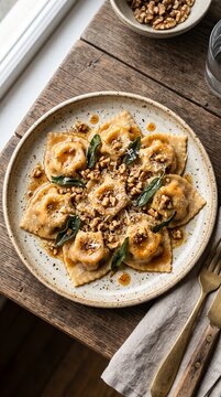 Pumpkin ravioli pasta with sage leaves rustic italian seasonal vegetarian dish