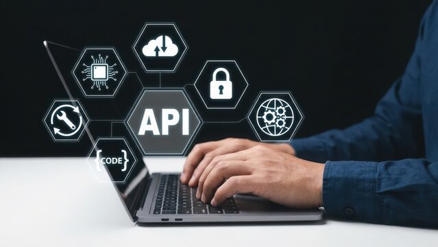 Business person using laptop computer with digital api development interface icons