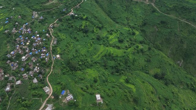High angle drone shot of steep green terraced slopes and a winding road in Nepal.
