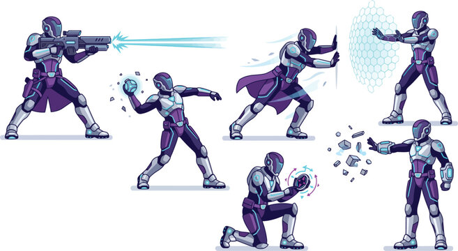 Futuristic sci-fi soldier character set, 6 armored space marine poses in purple and silver, cyberpunk warrior vector illustrations for game design