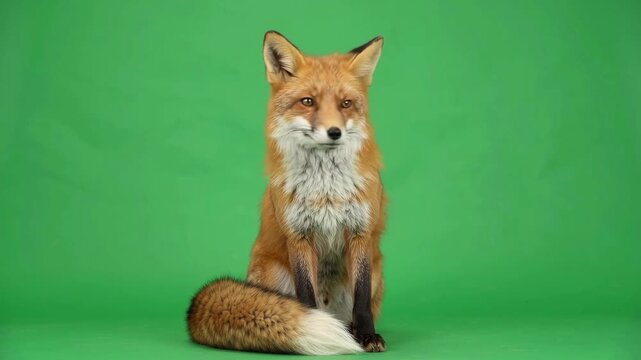 Red fox sitting on a green screen background a wild animal portrait with detailed fur and alert eyes perfect for nature documentaries and educational content
